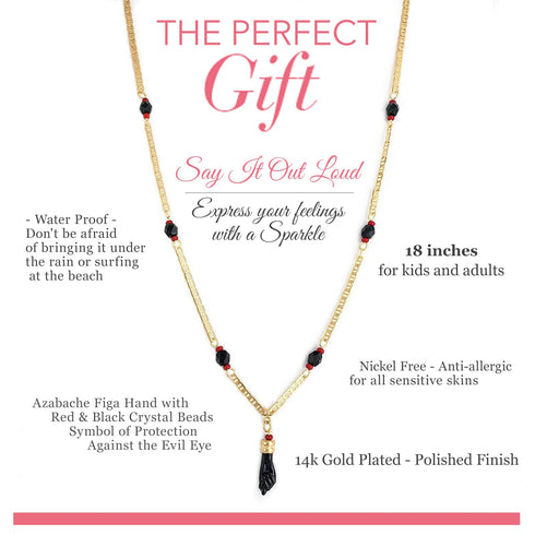 The Unisex Azabache Necklace, designed for both kids and adult women, showcases red and black beads paired with a Figa Hand charm for spiritual protection. Measuring 18 inches, this necklace is waterproof, nickel-free, and 14k gold plated—perfect for sensitive skin while offering defense against the Evil Eye.